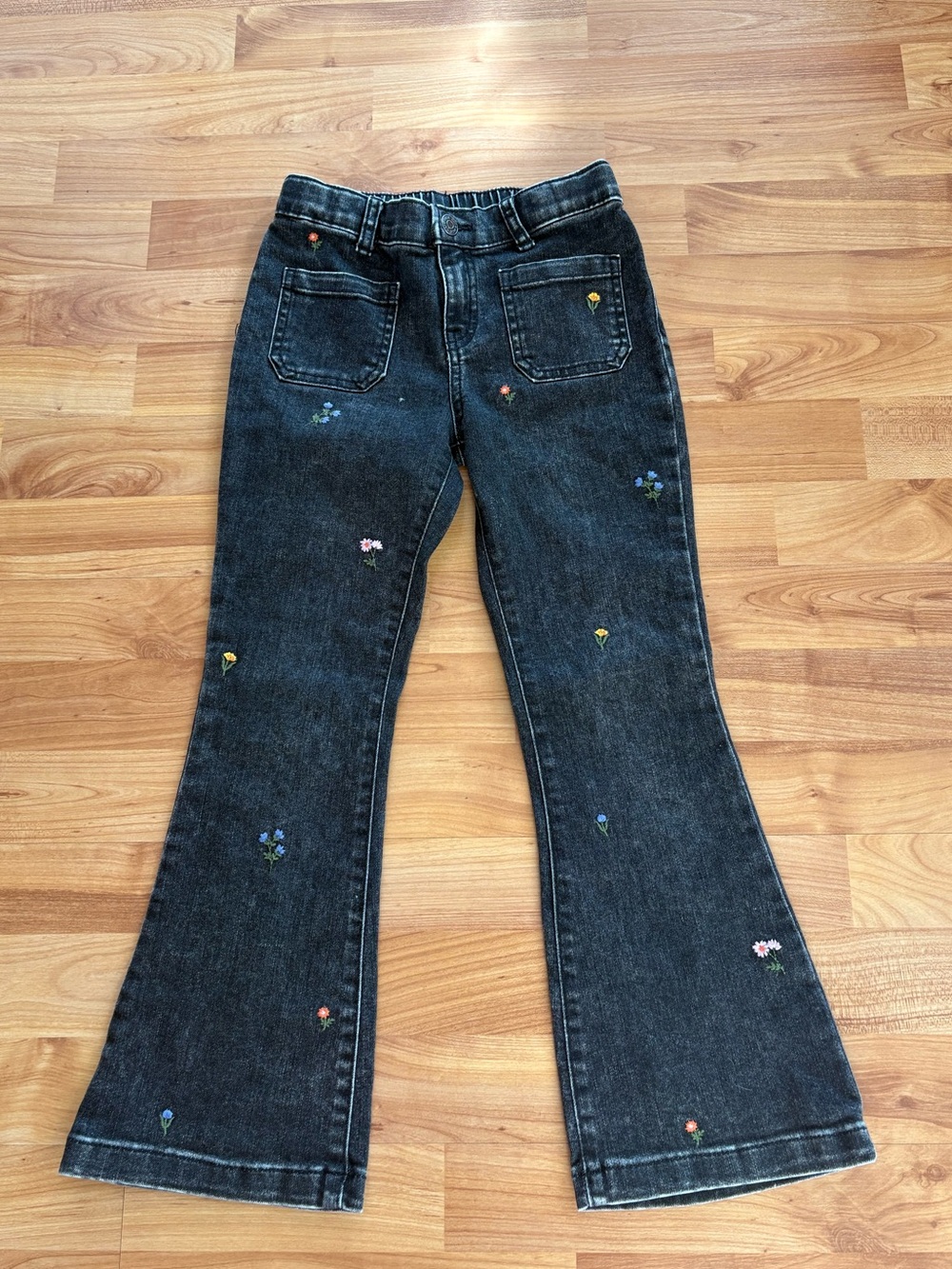 Cat & Jack Black Flare Jeans with Multicolor Floral Embroidery size 7